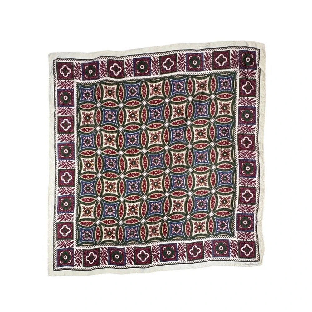 Ginnie Johansen Vintage Silk Square Shawl Burgundy Green Mosaic Head Scarf